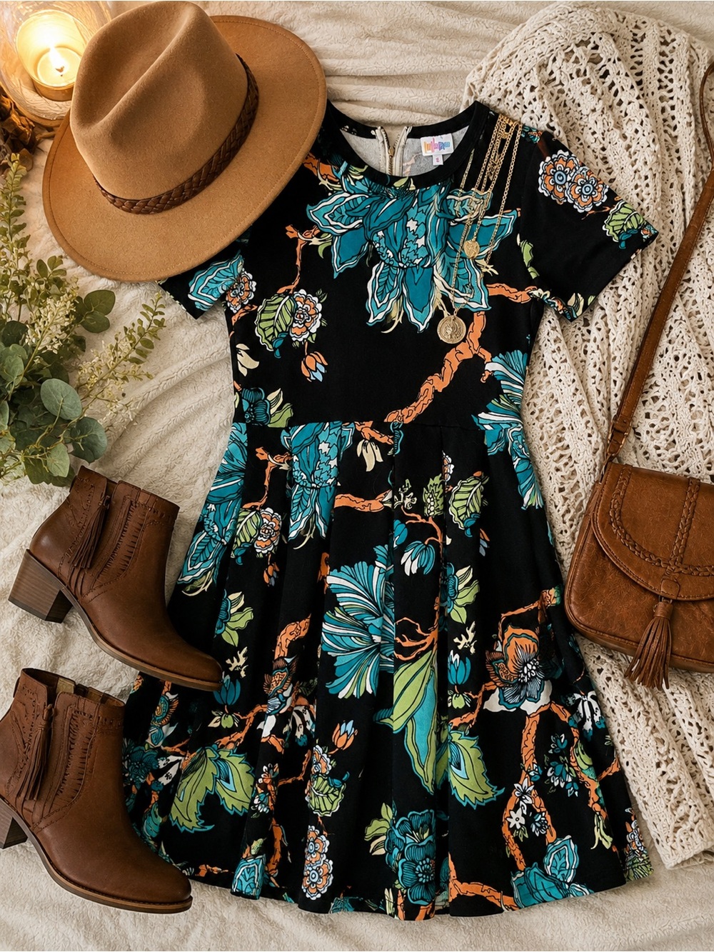 LuLaRoe Black Dress with Teal and Aqua Floral Print